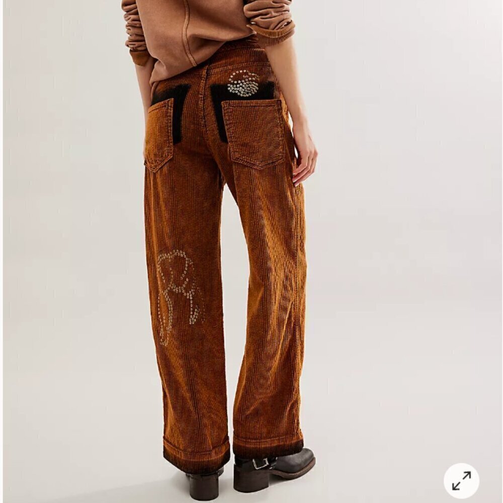 Free People Brown Corduroy Straight Leg Pants with Stud Detail